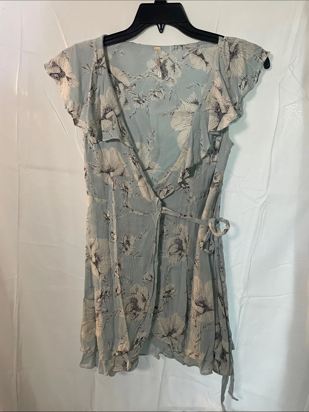 Free People French Quarter Wrap Dress Light Blue Floral Ruffle Mini Small S
